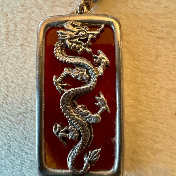 Silver Dragon Pendant with Red Jade Background - Picture 2 of 6